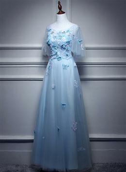 Picture of Light Blue Flowers Long Party Dresses, A-line Tulle Party Dresses Evening Dresses